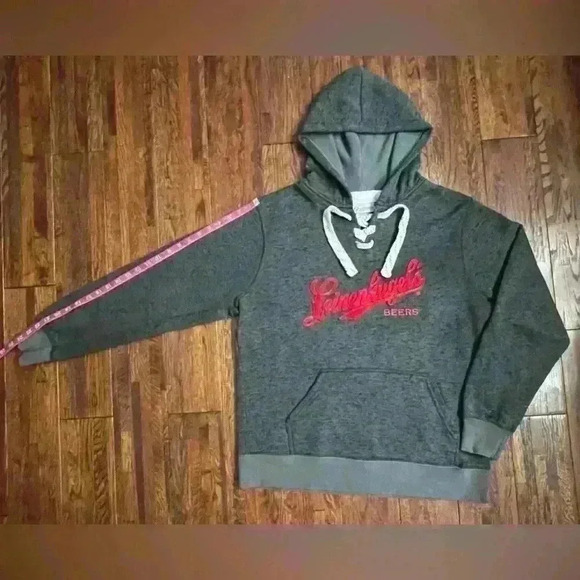 LEINENKUGEL Lace Up Pullover Hooded Knit Sweatshirt in Grey with Embroidery - Picture 5 of 9